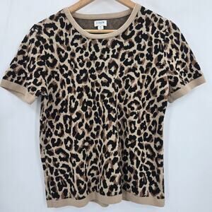 J.Crew Women Mob Wife Old Money Indie Basic Leopard Print Cotton Knit Sweater M